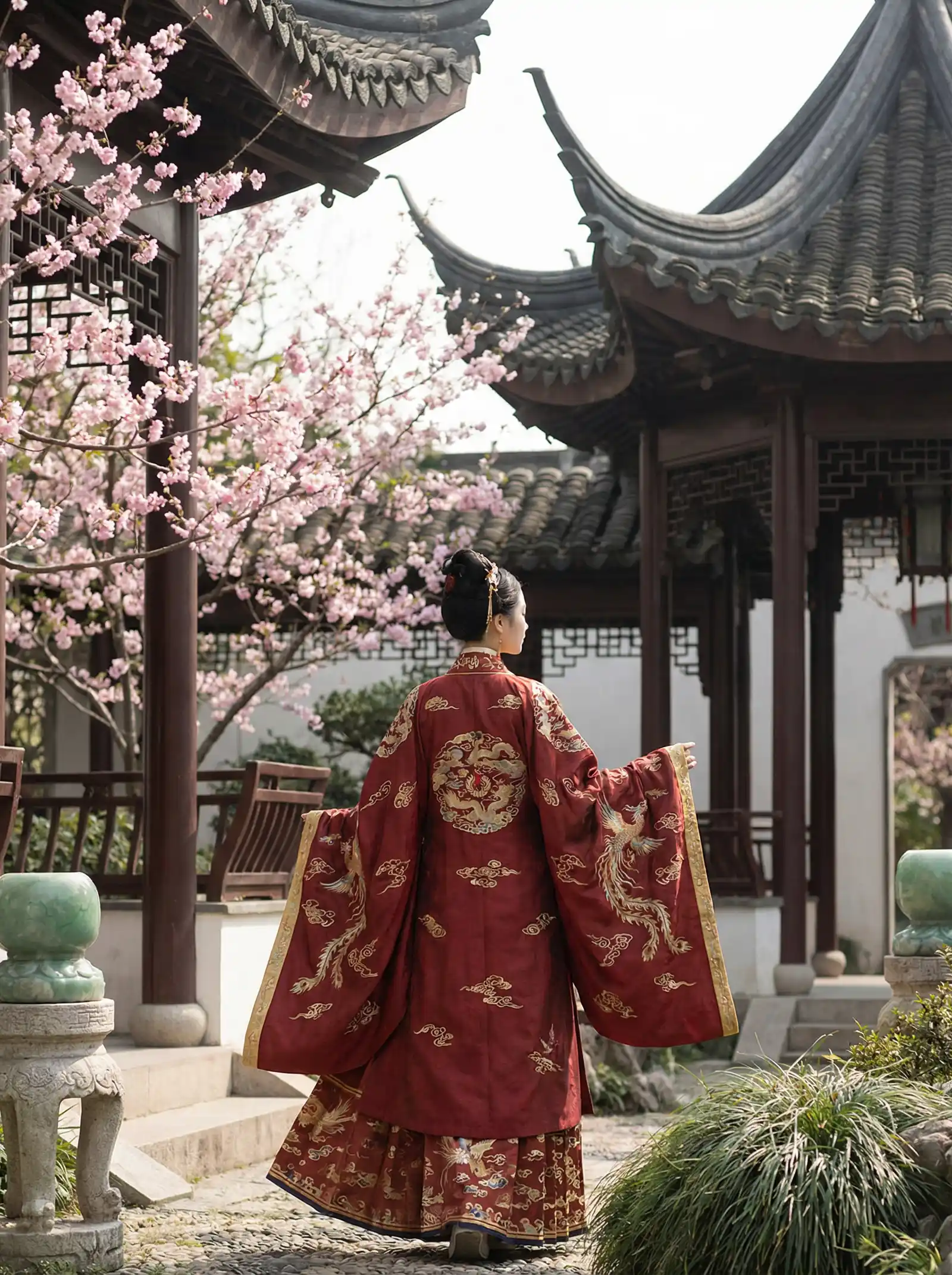 免费生活片 明制汉服红色凤凰刺绣